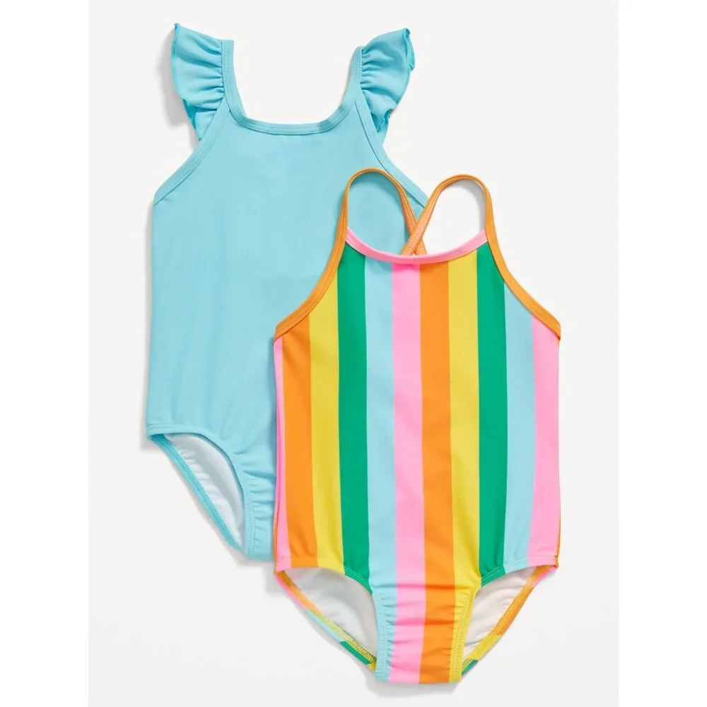 Old Navy Baby Girls 18-24 Months Striped/Solid One Piece Swimsuit 2-Pack 1064‎